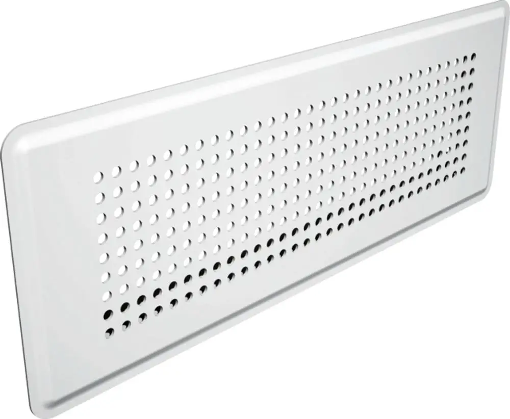 Weißes Bodengitter mit durchgehenden Löchern, geeignet für Luftzirkulation. Produkt von Wolf, eingebaut in ein flexibles Kanalsystem.